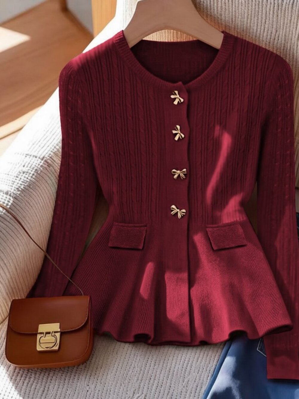 Burgundy Casual Women's Knitwear Round Neck Long Sleeve Blouse